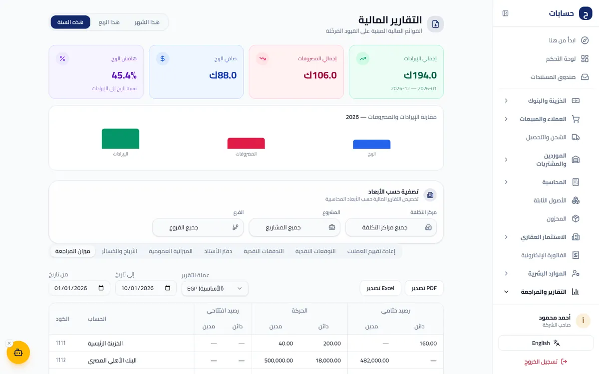 لقطة شاشة من التقارير والمراجعة داخل برنامج حسابات ببيانات تجريبية